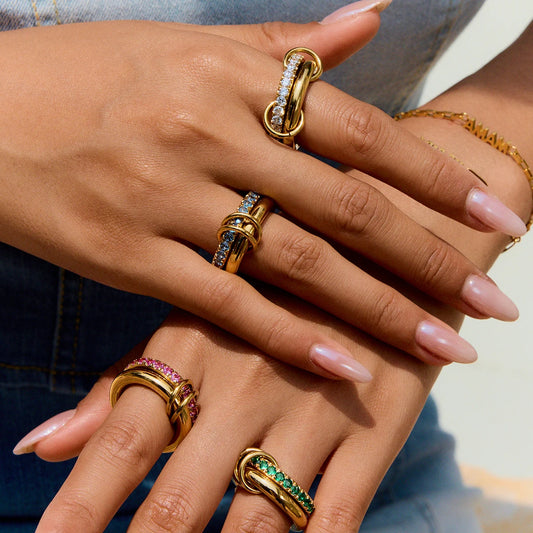 Zircon Double Layer Ring 18k Gold Color Plated Stainless Steel Waterproof Stackable Ring