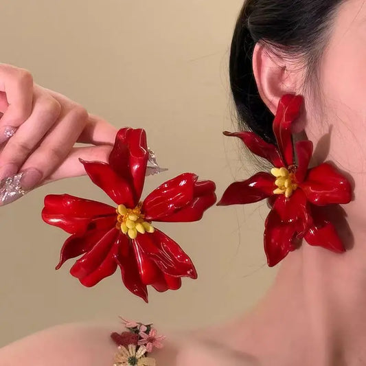 Metal Large Red Flowers Earrings