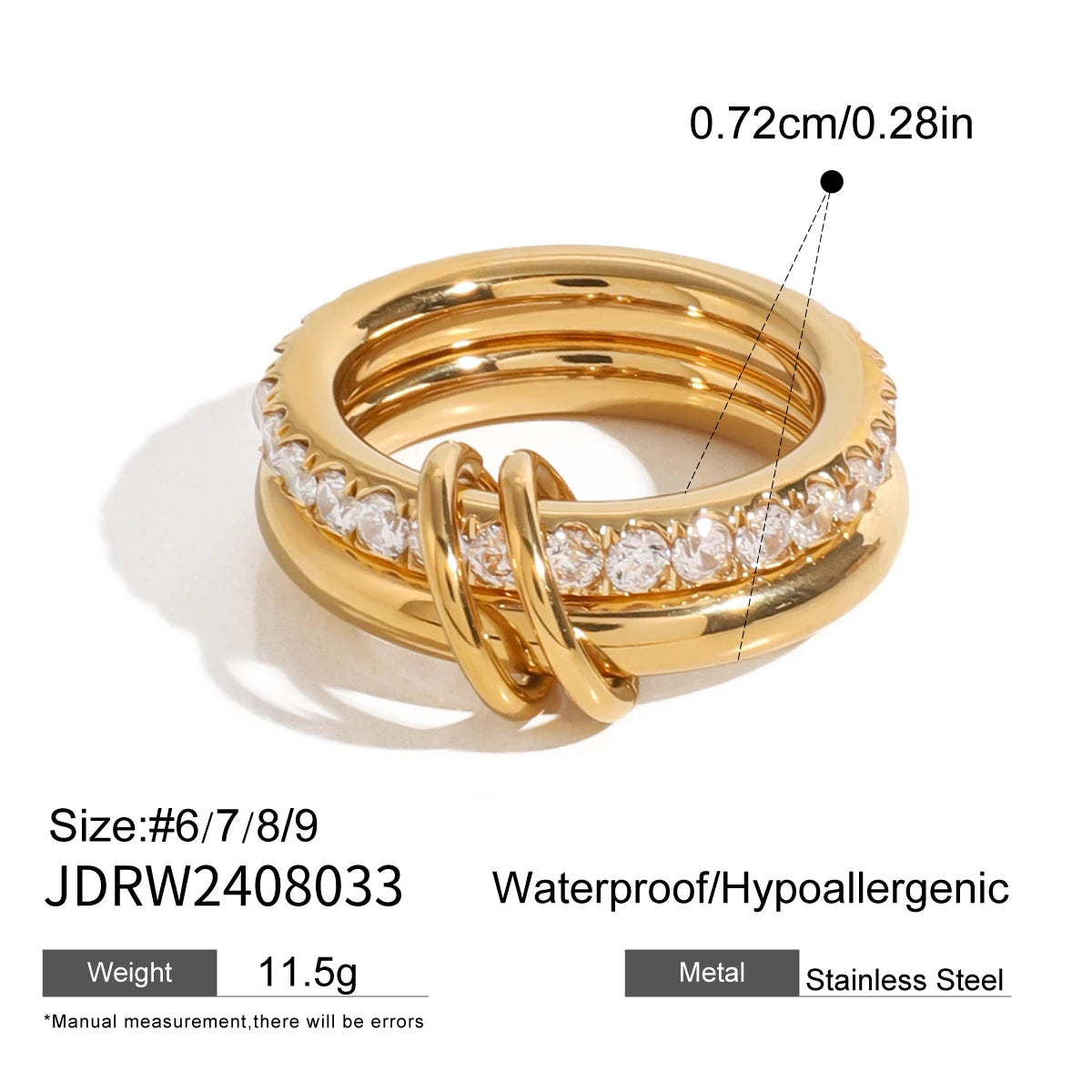 Zircon Double Layer Ring 18k Gold Color Plated Stainless Steel Waterproof Stackable Ring