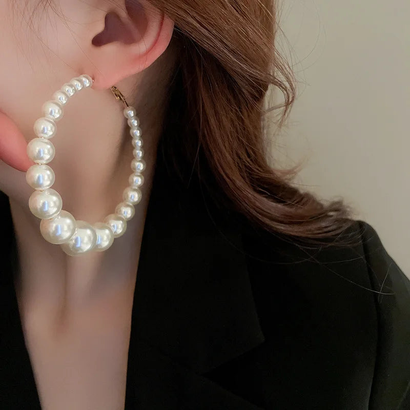 Hand-made Beads Pearl Large Hoop Earrings