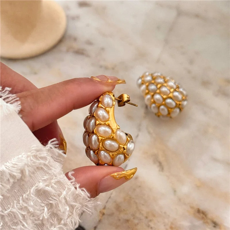 Gold plated Chunky Water Drop Pearl Studded Earrings