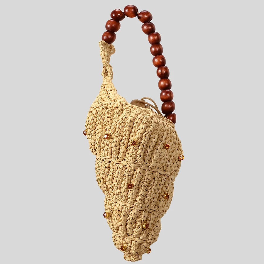 Conch Straw Woven Wooden Beading Strap Shoulder Bags