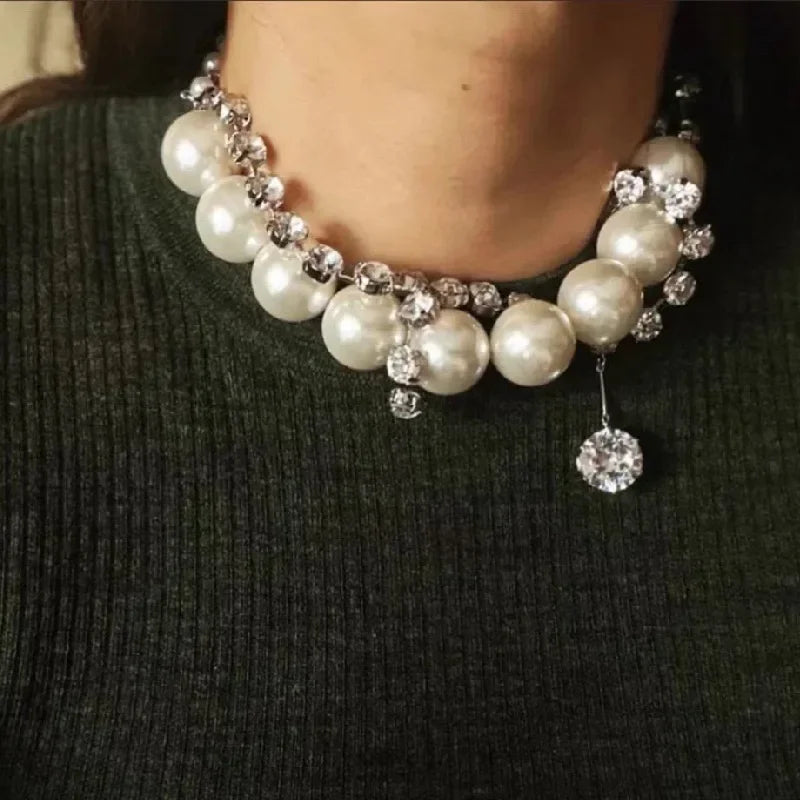 Double-layer Pearl Rhinestone Chain Choker Necklace