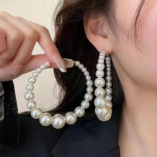 Hand-made Beads Pearl Large Hoop Earrings