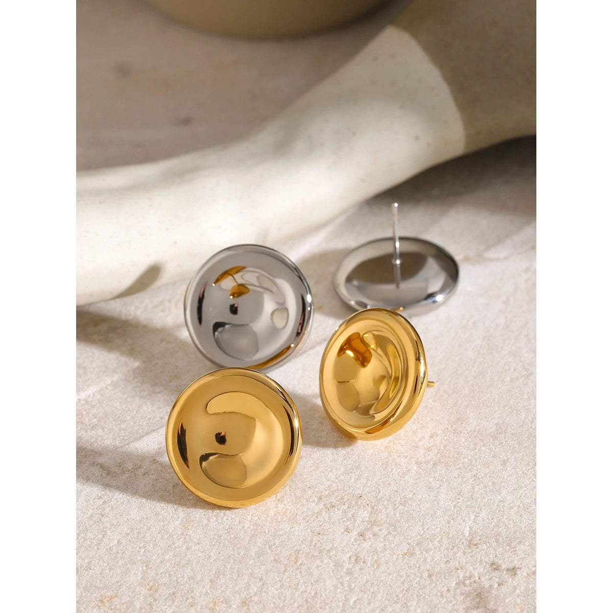 Round Button Stainless Steel Statement 18k Gold Plated Stud Earrings