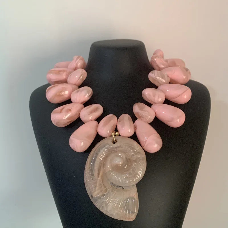 Chunky Water Drop Resin Bead Conch Pendant Necklace