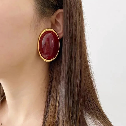 Saint Laurent Style Red Resin Oval Large Earrings