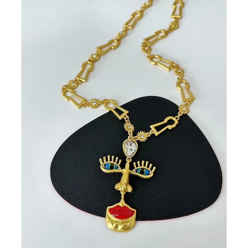 Surrealist Baroque Retro Red Lips Nose Eyes Pendant Necklace & Earrings