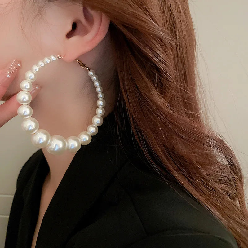 Hand-made Beads Pearl Large Hoop Earrings