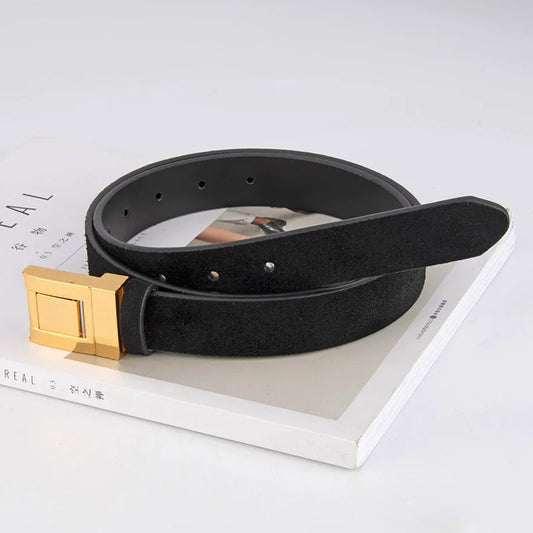Gold Square Buckle Suede Genuine Leather Belt