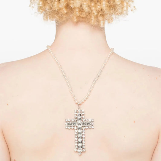 Cross Rhinestone Crystal Pearl Pendant Necklace