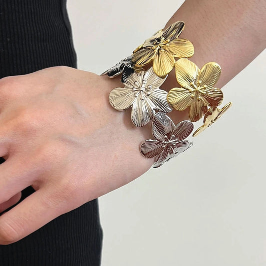 Metal Flower Wide Open Bracelet Bangle