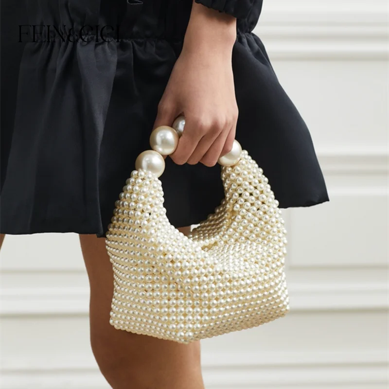 Pearl beaded bag designer brand Acrylic crystal stone box totes handbag women handmade summer party small bucket purse