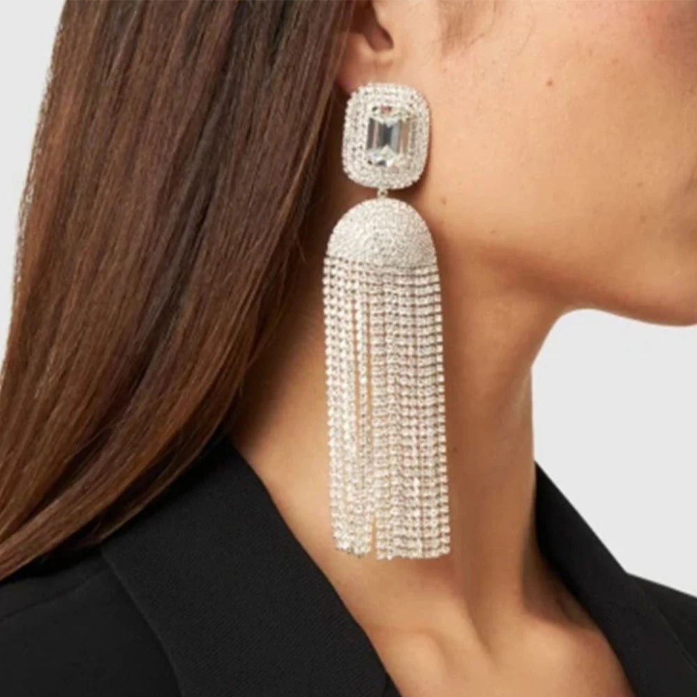 Statement Rhinestone Oversized Tassel Earrings Long Pendant