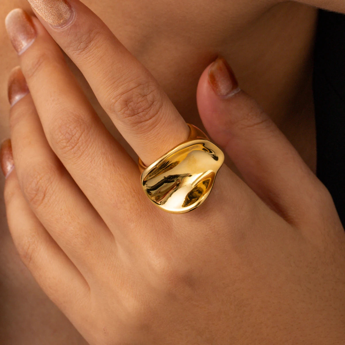 18k Gold Stainless Steel Round Pleated Open Women Ring Metalic Texture Bague Acier Inoxydable