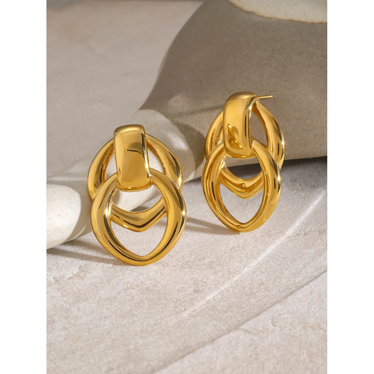 Gold Plated Geometric Stainless Steel Oval Hollow Hoop Earrings