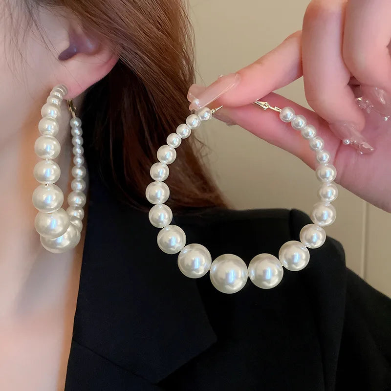 Hand-made Beads Pearl Large Hoop Earrings