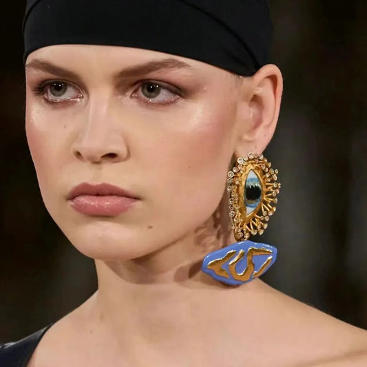 Schiaparelli Style Surrealist Evil Blue Eyes Gold Plated Dangle Earrings