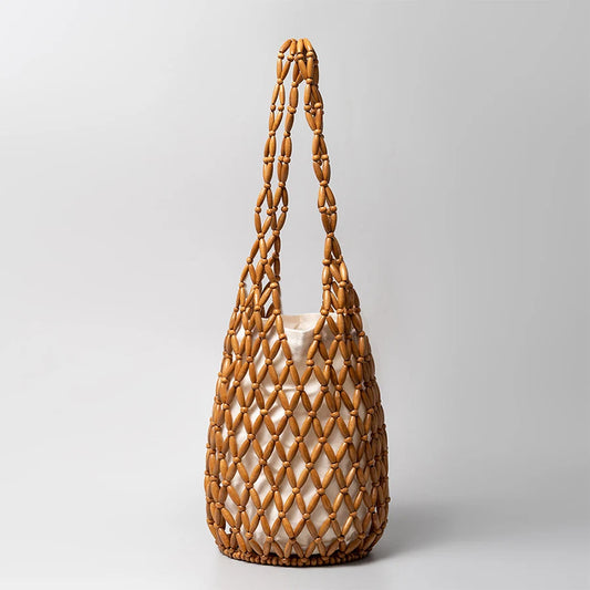 Wooden Bead Tote Bucket Shoulder Bag