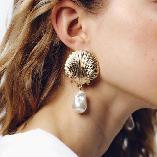 Baroque Pearl Sea Shell Dangle Earrings