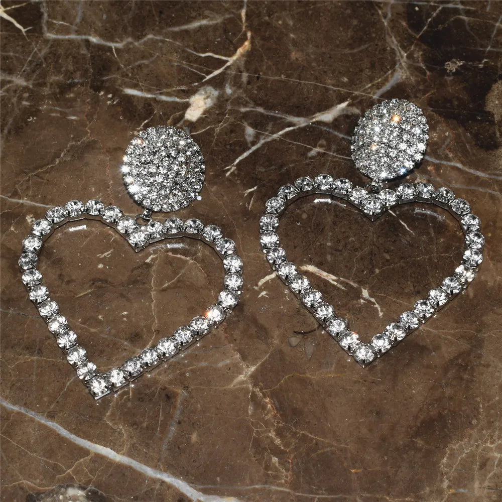 Statement Rhinestone Big Heart Pendant Dangle Earrings