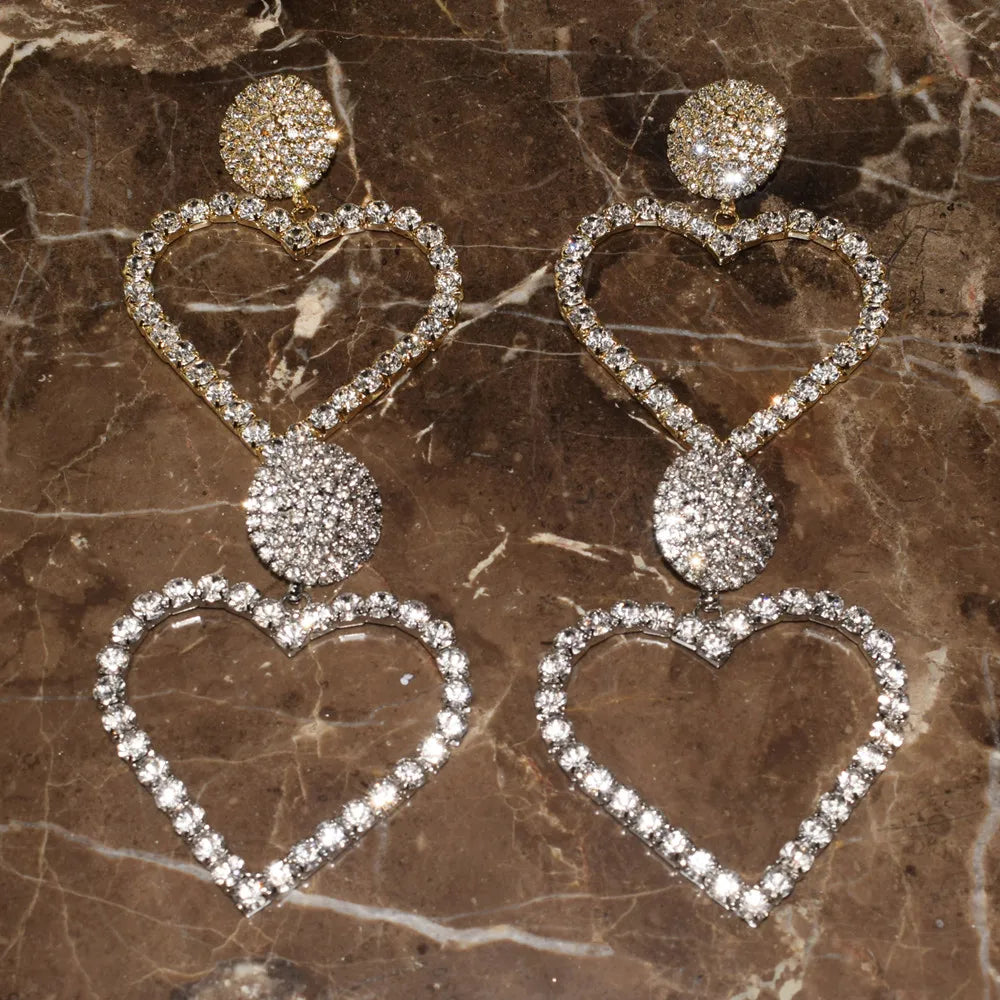 Statement Rhinestone Big Heart Pendant Dangle Earrings