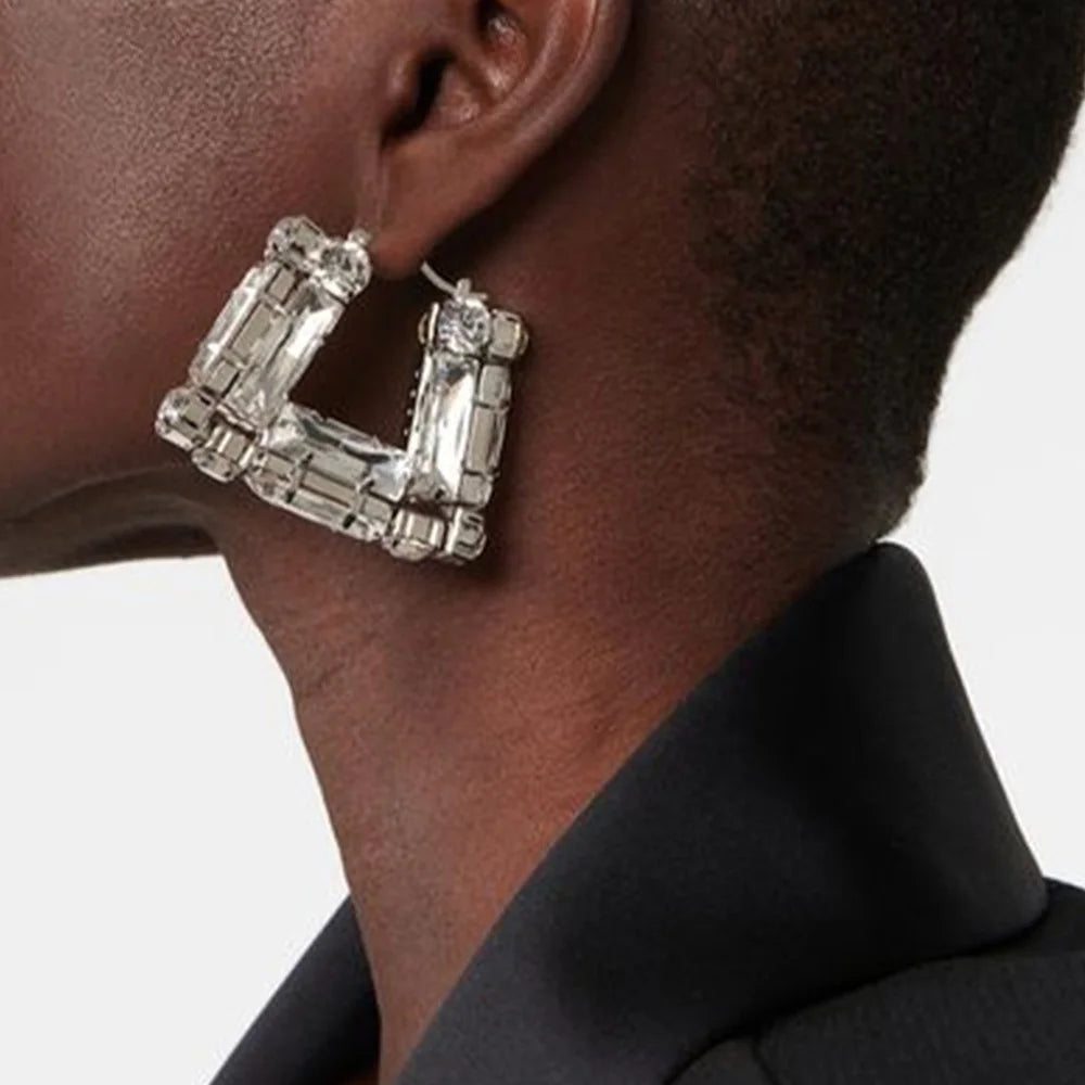 Statement Large Crystal Square Hoop Earrings