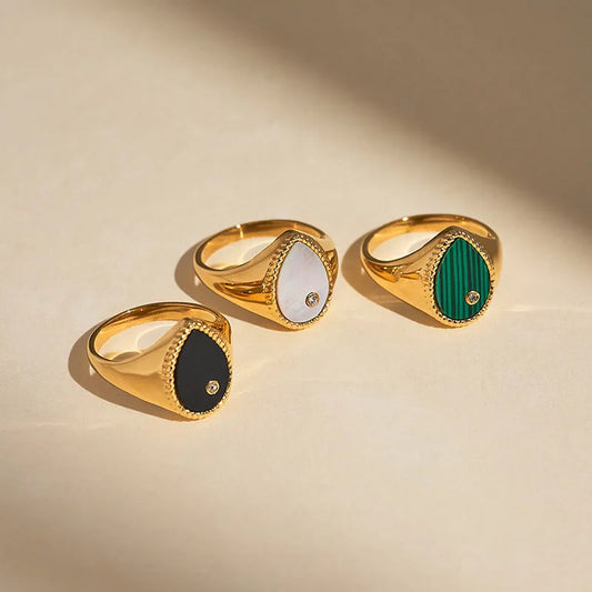 18K Gold Plated Malachite Droplet Signet Rings