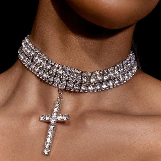 Rhinestone Cross Choker Necklace
