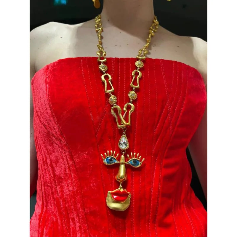 Surrealist Baroque Retro Red Lips Nose Eyes Pendant Necklace & Earrings