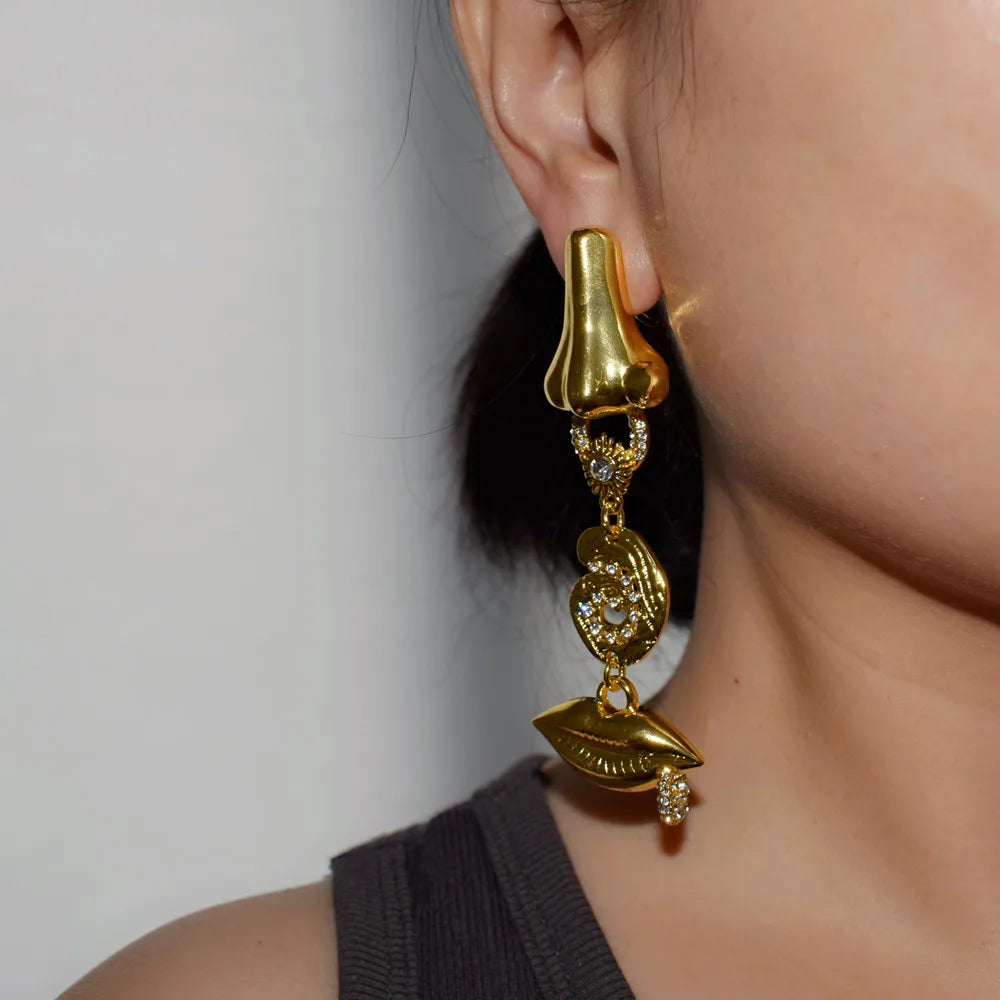 Baroque Style Surrealist Nose Lips Gold Plated Dangle Earrings