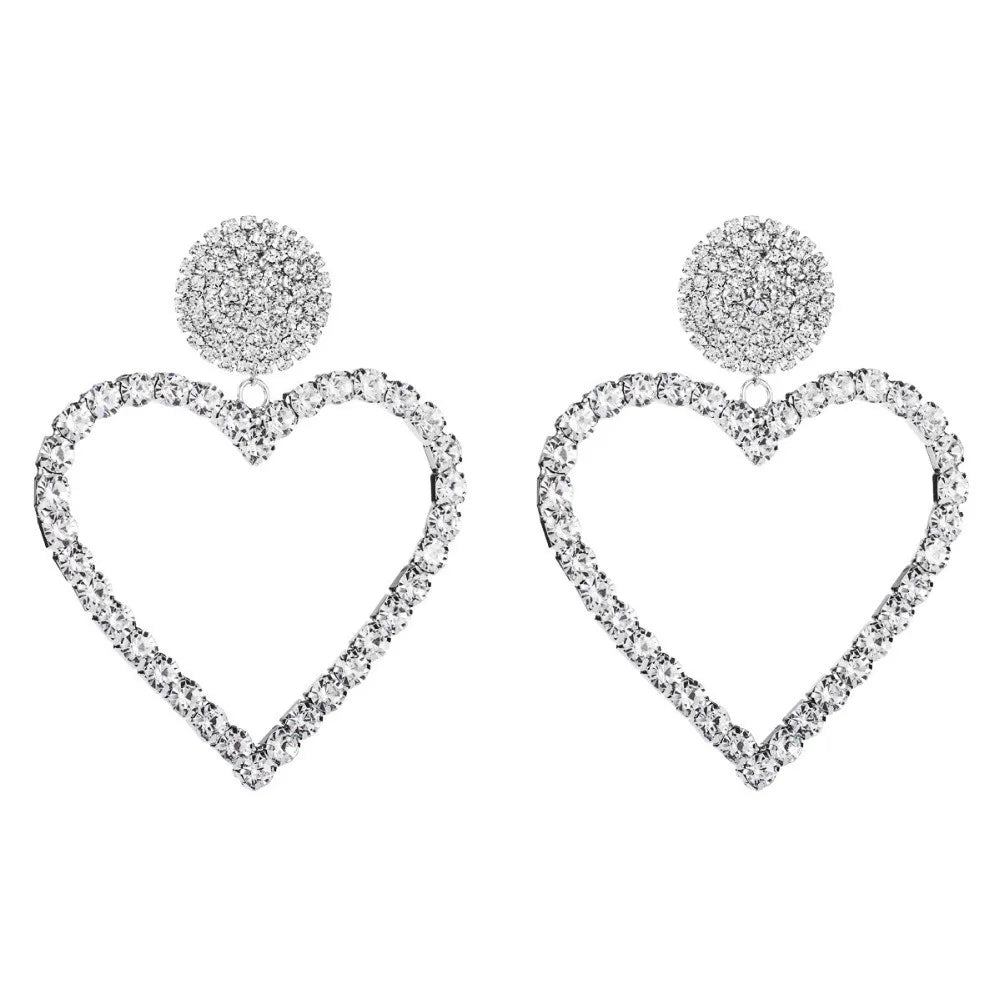 Statement Rhinestone Big Heart Pendant Dangle Earrings