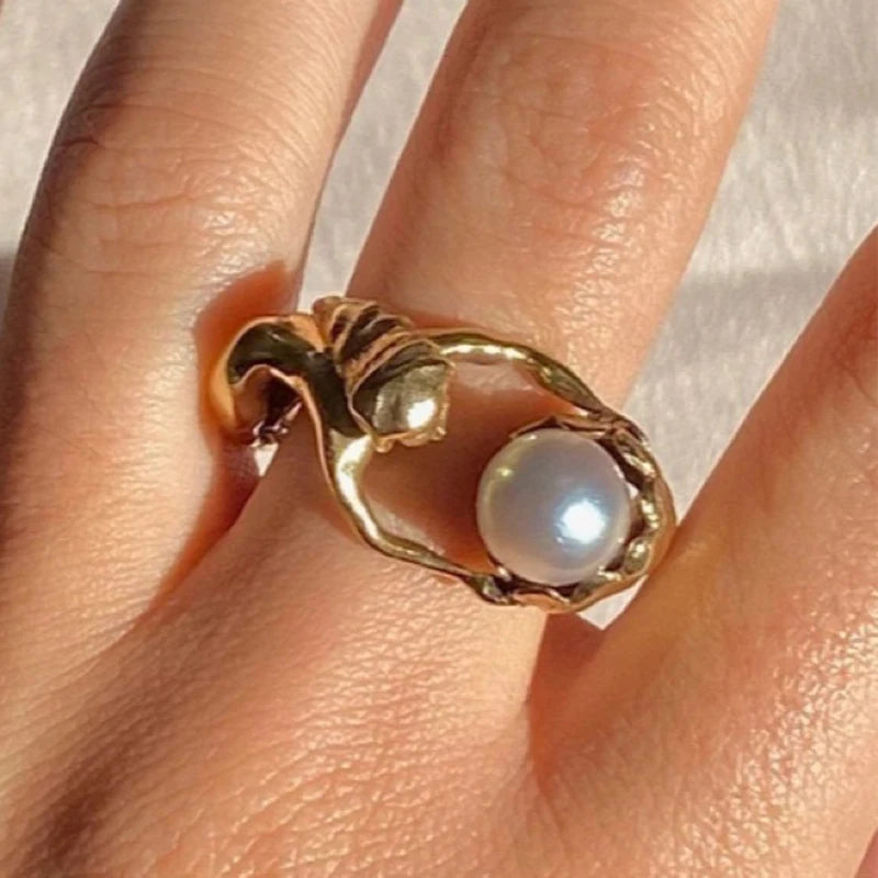 Stainless Steel 18-K Gold Plated Hug Ring Vintage Hug Baroque Pearl Ring