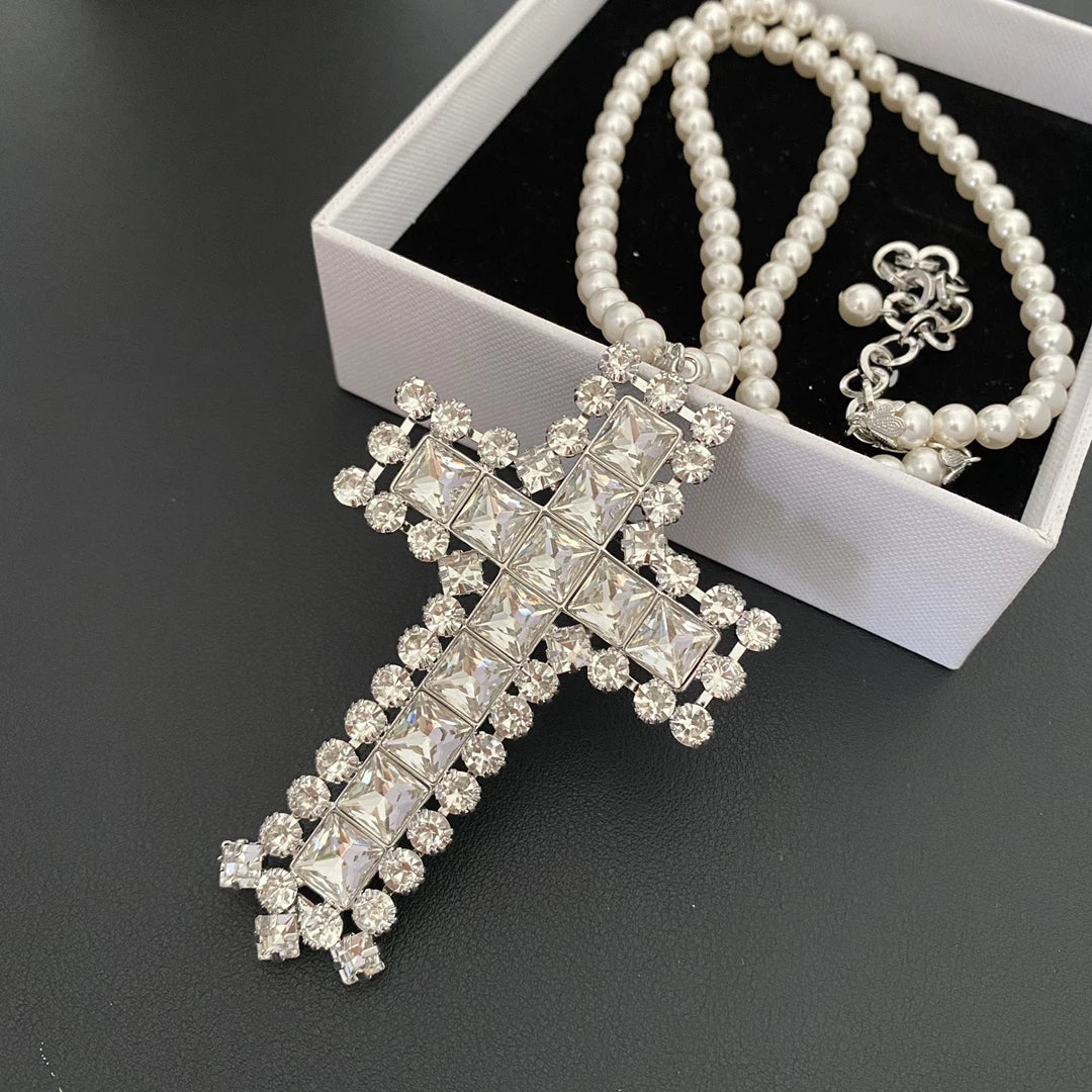 Cross Rhinestone Crystal Pearl Pendant Necklace