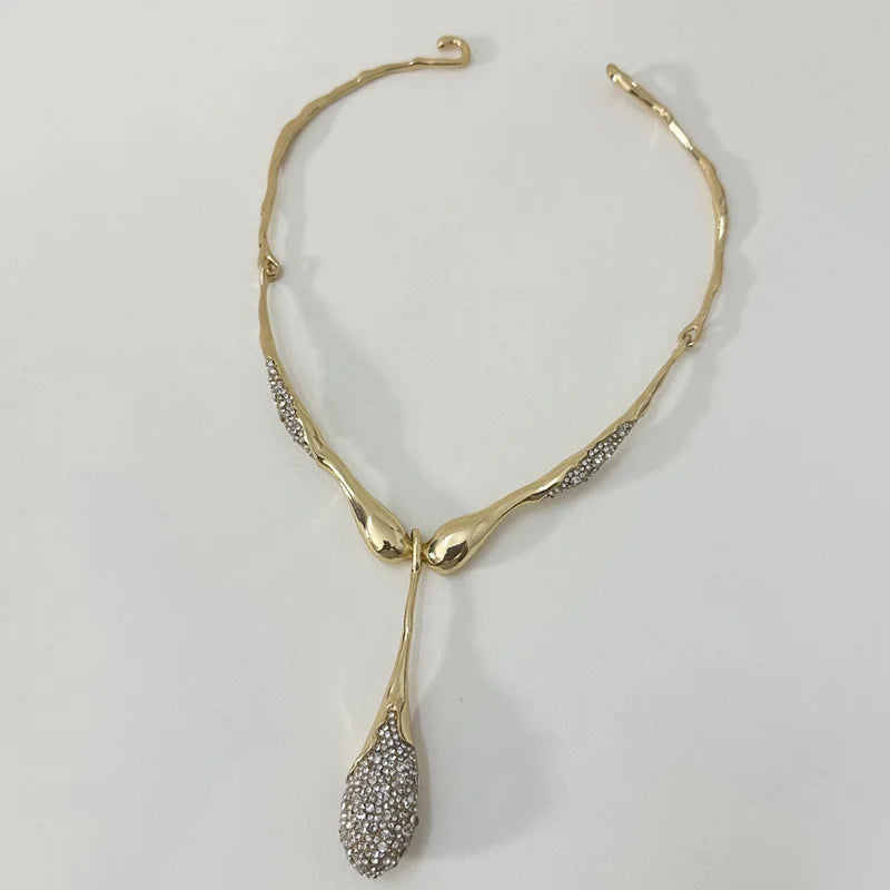Irregular Metal Bar Pendant Rhinestone Droplet Necklace