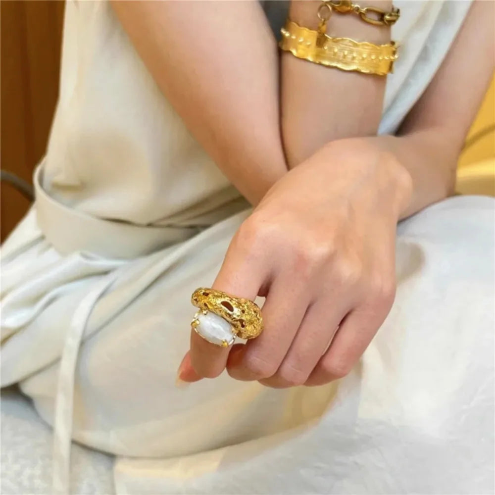 Retro Style Open Ring Agate Natural Stone Brass