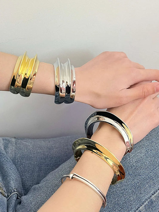 Double Layered Wave Smooth Chunky Open Bracelet