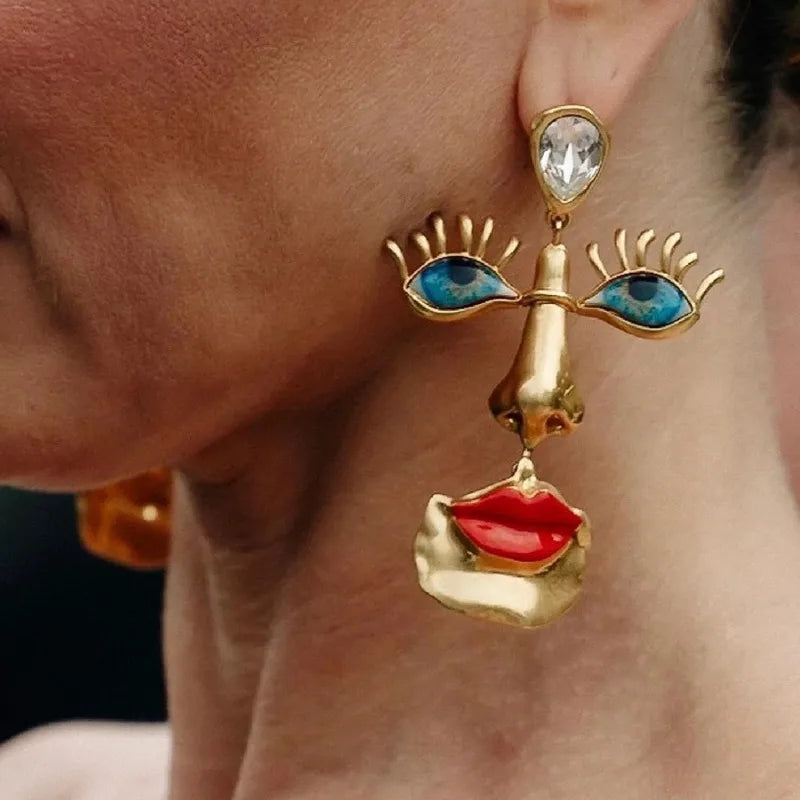Surrealist Baroque Retro Red Lips Nose Eyes Pendant Necklace & Earrings