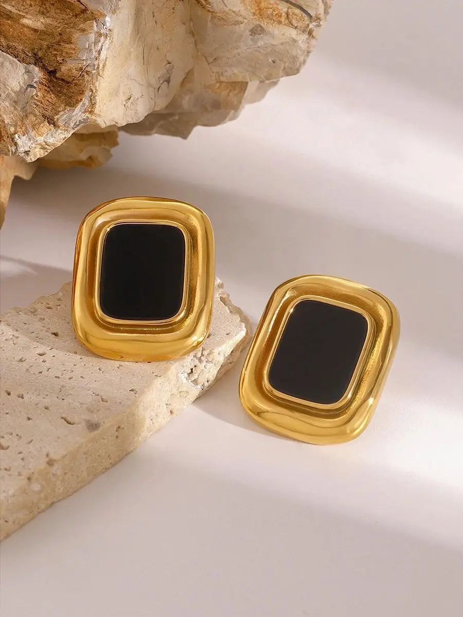 Black Stone Gold Plated Earrings
