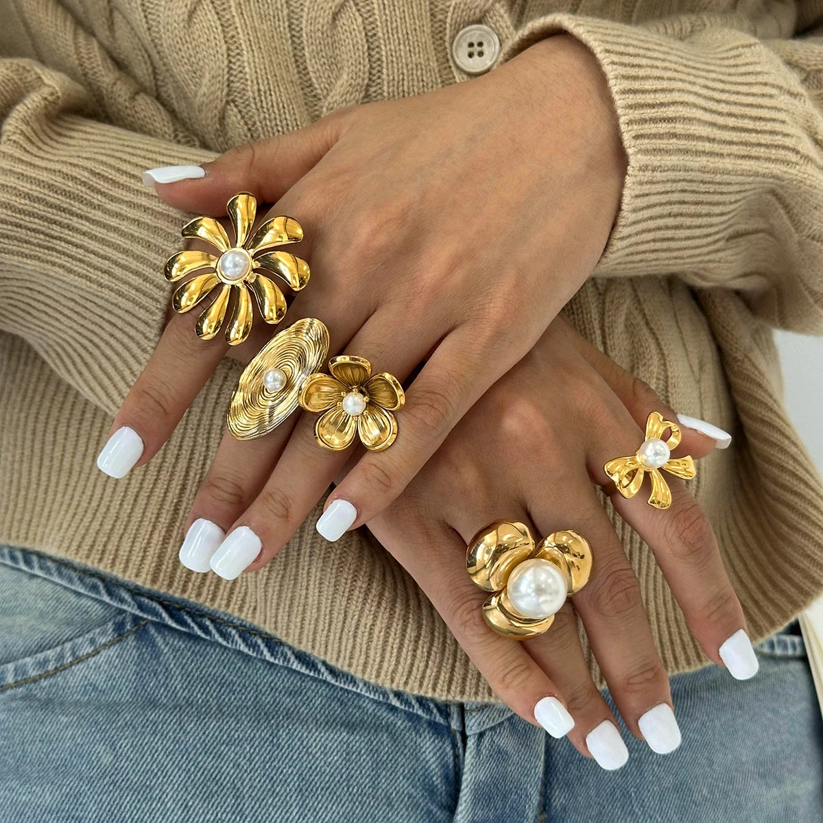 18K Gold Plated Flower Pearl Rings