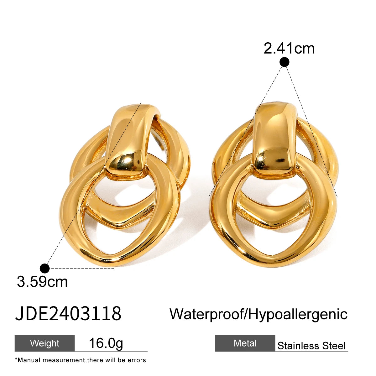 Gold Plated Geometric Stainless Steel Oval Hollow Hoop Earrings