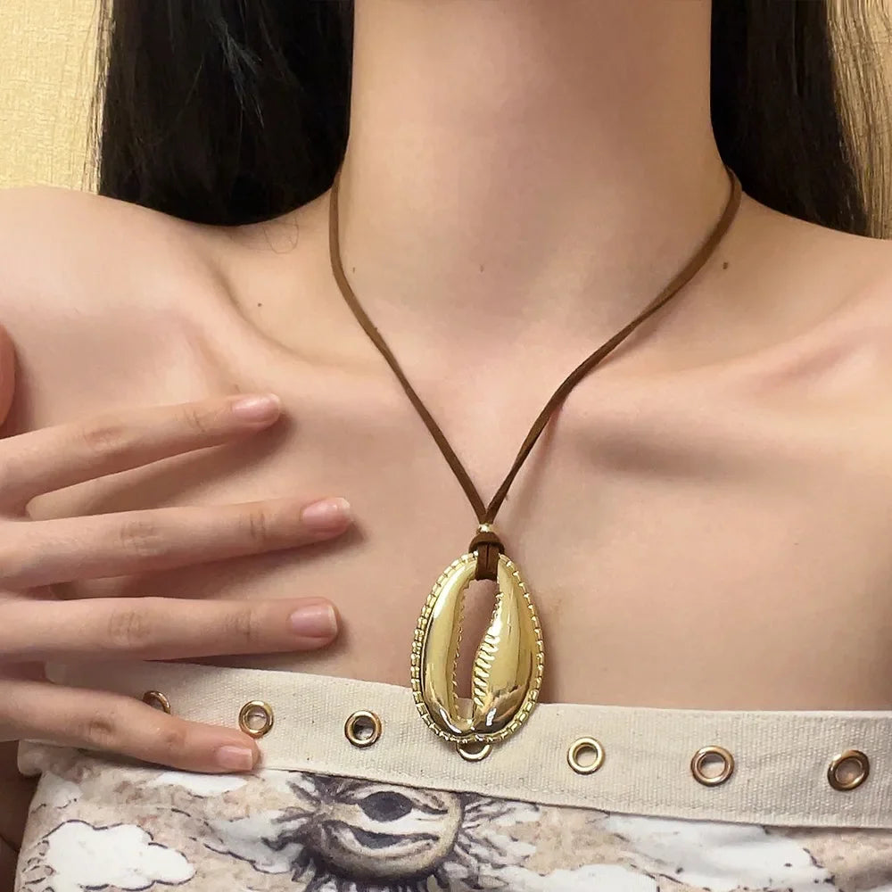 Gold Plated Shell Pendant With Long Cord