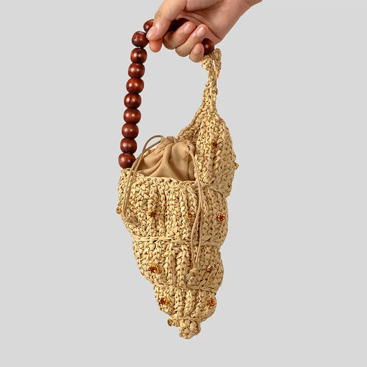 Conch Straw Woven Wooden Beading Strap Shoulder Bags