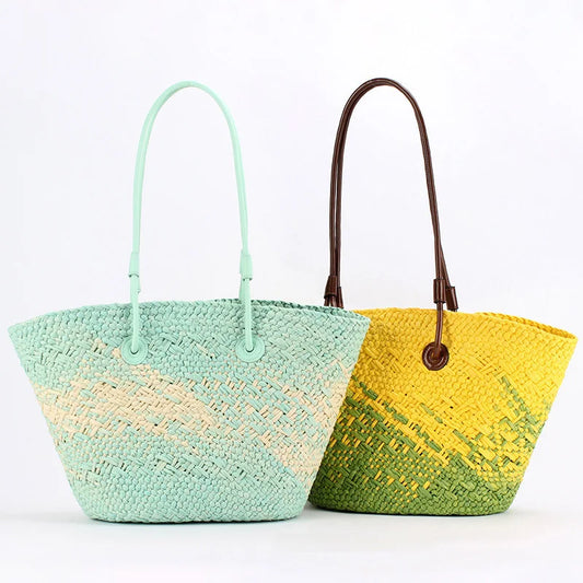Gradient Color Straw Shoulder Shopper  Bag