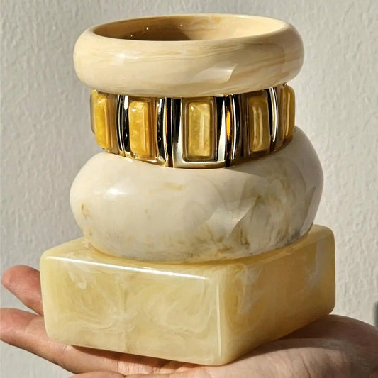 Chunky Exaggerated Irregular Square Round Yellow White Texture Silver Plated Resin Bracelets