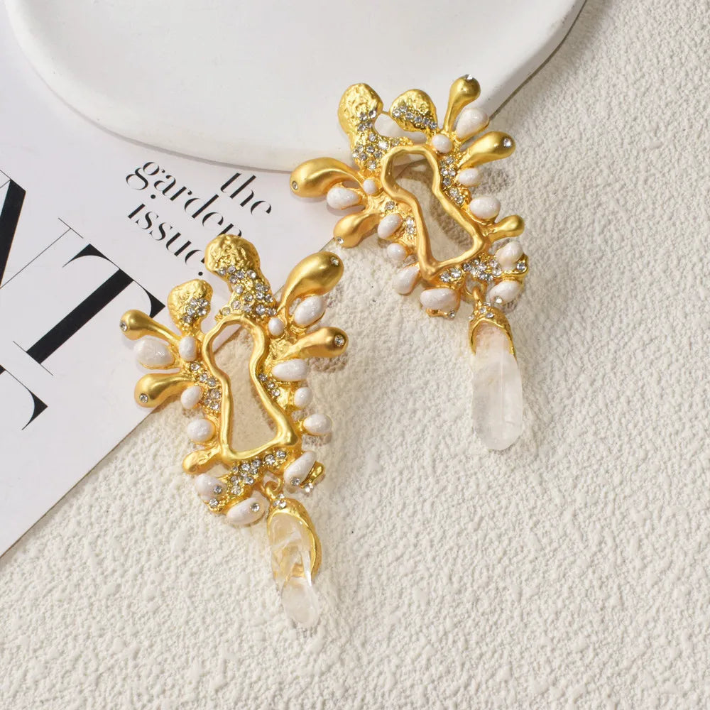 Surrealist Baroque Gold Plated Natural Crystal Pendant Dangle Earrings