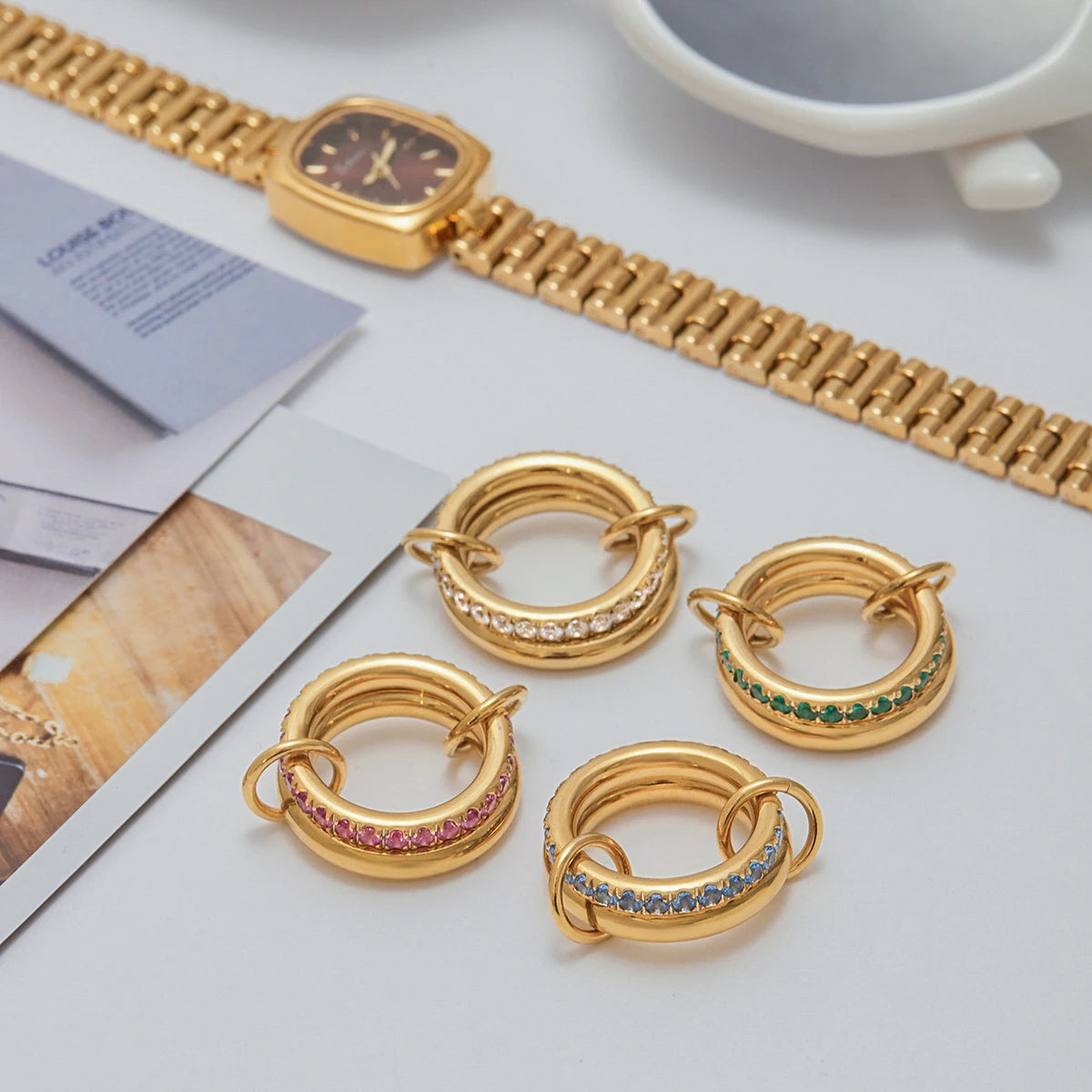 Zircon Double Layer Ring 18k Gold Color Plated Stainless Steel Waterproof Stackable Ring
