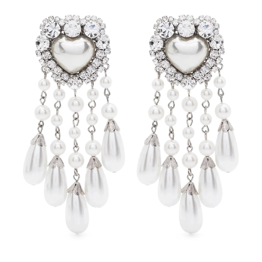 Heart Rhinestone Pearl Ear Clip Earrings