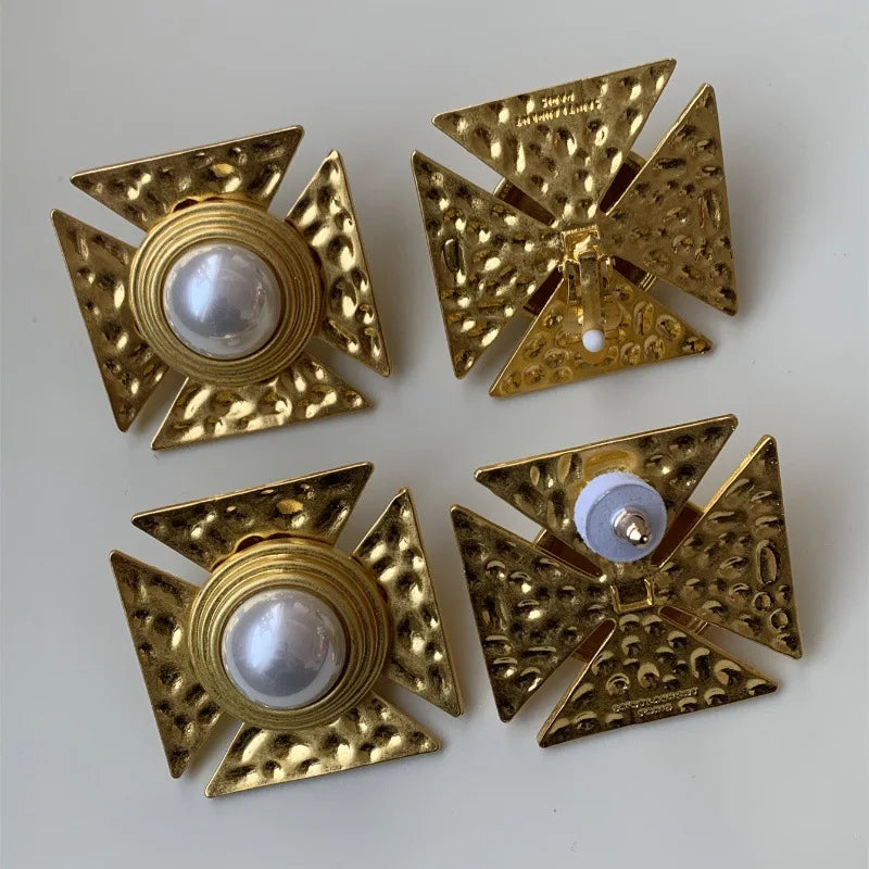 Statement Cross Large Pearl Earrings  Clip or Stud Earrings