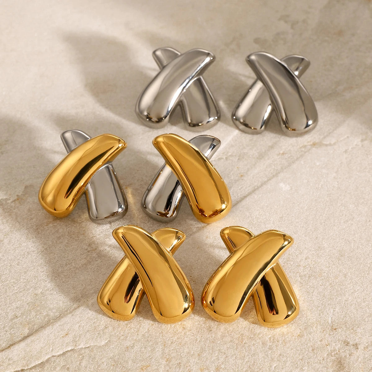 Stainless Steel X Crossover Geometric Textured Earrings